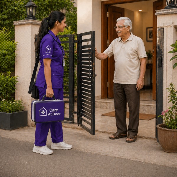 Care provider with an elderly patient at home